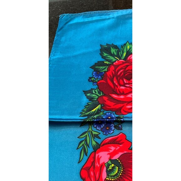 Vintage Scarf Blue Red Pink Floral Design Handmade 100% Acetate Rolled Hem NWOT - Picture 6 of 10